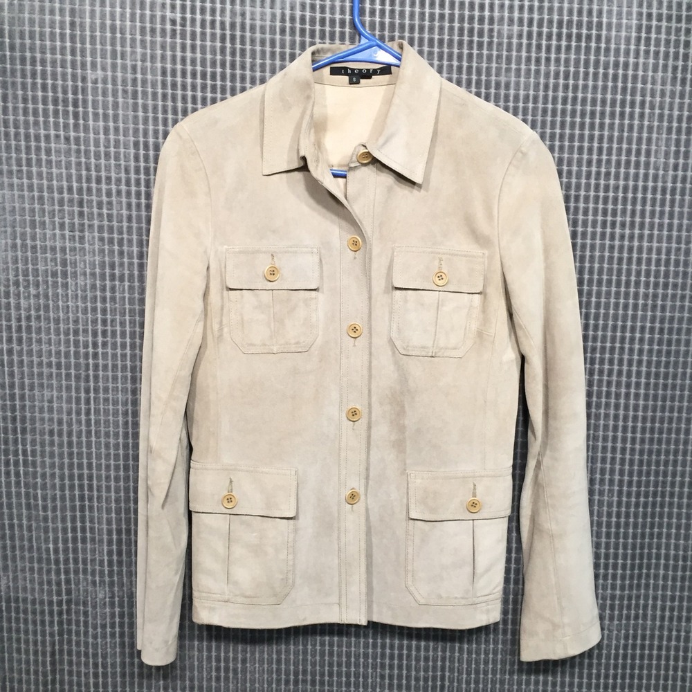 Theory Womens Suede Leather Jacket Utility Safari Style Size S Beige